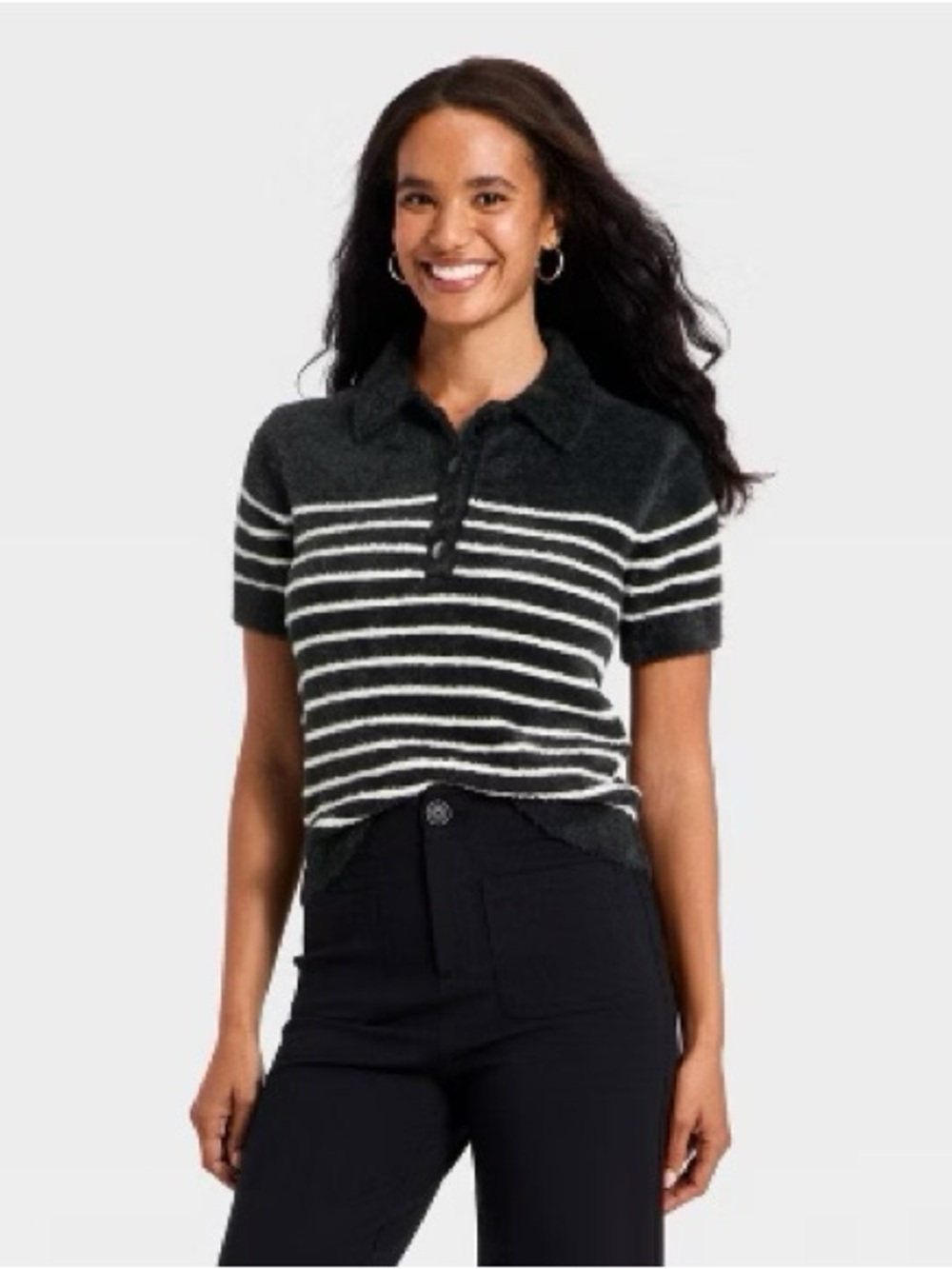 a new day Black and White Striped Fuzzy Button Cardigan